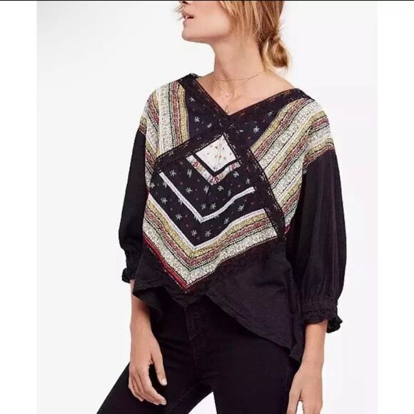 Free People X Revolve‎ Women's Prairie Days Lace Trim Cropped Boho Top Black - Picture 1 of 14